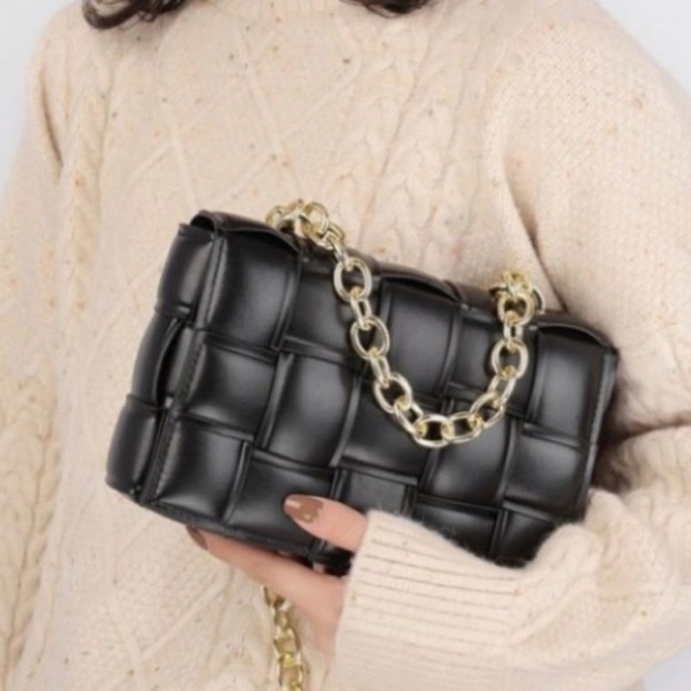 Most Wanted Black Quilted Puffer Chain Bag Vegan Leather Quiet Luxury Minimalist